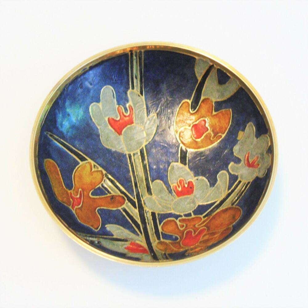Cloisonne Enameled Brass Bowl 4.2" Round Dish Tulip Flowers Blue Silver Gold
